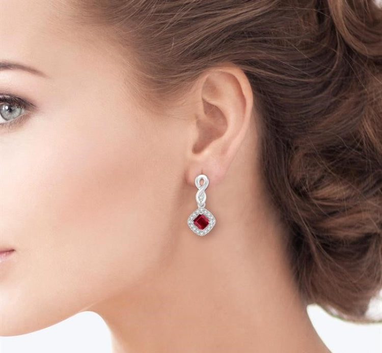 4x4 MM Cushion Shape Ruby and 1/5 Ctw Round Cut Diamond Earrings in 10K White Gold