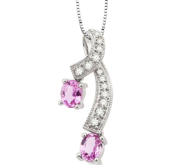 5x4 MM Oval Cut Pink Sapphire and 1/6 Ctw Round Cut Diamond Precious Pendant in 14K White Gold with Chain