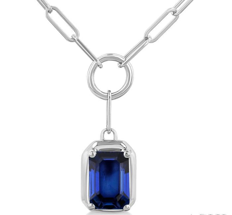 6x4 MM Sapphire Solitaire Precious Paperclip Pendant With Chain in 14K White Gold