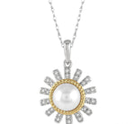 Load image into Gallery viewer, 7x7 MM Round Shape Cultured Pearl and 1/8 Ctw Sunflower Round Cut Diamond Pendant With Chain in 10K White and Yellow Gold