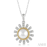 7x7 MM Round Shape Cultured Pearl and 1/8 Ctw Sunflower Round Cut Diamond Pendant With Chain in 10K White and Yellow Gold
