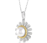 Load image into Gallery viewer, 7x7 MM Round Shape Cultured Pearl and 1/8 Ctw Sunflower Round Cut Diamond Pendant With Chain in 10K White and Yellow Gold