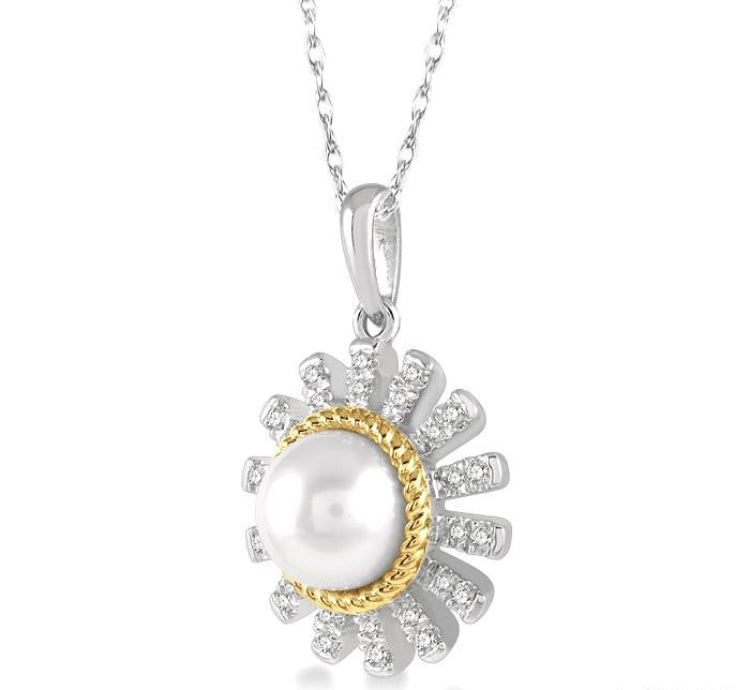 7x7 MM Round Shape Cultured Pearl and 1/8 Ctw Sunflower Round Cut Diamond Pendant With Chain in 10K White and Yellow Gold