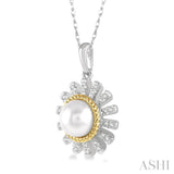 7x7 MM Round Shape Cultured Pearl and 1/8 Ctw Sunflower Round Cut Diamond Pendant With Chain in 10K White and Yellow Gold