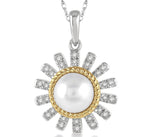 Load image into Gallery viewer, 7x7 MM Round Shape Cultured Pearl and 1/8 Ctw Sunflower Round Cut Diamond Pendant With Chain in 10K White and Yellow Gold