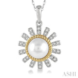 7x7 MM Round Shape Cultured Pearl and 1/8 Ctw Sunflower Round Cut Diamond Pendant With Chain in 10K White and Yellow Gold