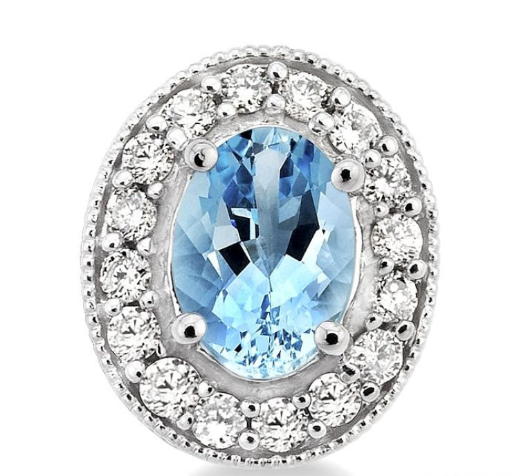 7x5 MM Oval Cut Aquamarine and 3/8 Ctw Round Cut Diamond Earrings in 14K White Gold