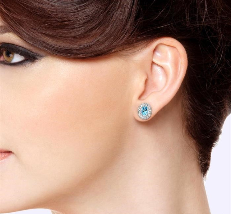 7x5 MM Oval Cut Aquamarine and 3/8 Ctw Round Cut Diamond Earrings in 14K White Gold