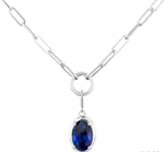 Load image into Gallery viewer, 6x4 MM Oval Cut Sapphire Solitaire Precious Paperclip Pendant With Chain in 10K White Gold