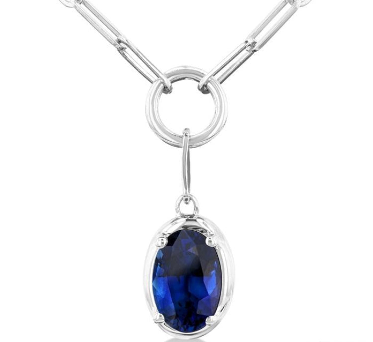 6x4 MM Oval Cut Sapphire Solitaire Precious Paperclip Pendant With Chain in 10K White Gold