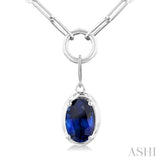 6x4 MM Oval Cut Sapphire Solitaire Precious Paperclip Pendant With Chain in 10K White Gold