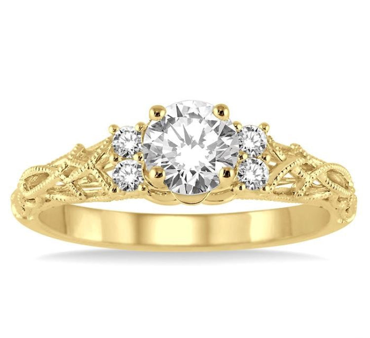 1/3 Ctw Diamond Engagement Ring with 1/4 Ct Round Cut Center Stone in 14K Yellow Gold