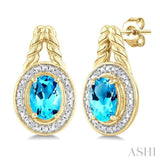 8X6 MM Oval Shape Blue Topaz and 1/20 Ctw Round Cut Diamond Semi-Precious Earrings in Yellow Gold Vermeil