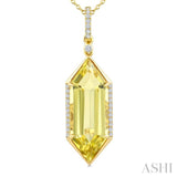 22X8 MM Evoque Gemstones Hexagon Shape Lemon Quartz and 1/6 Ctw Round Cut Diamond Semi-Precious Pendant With Chain in 14K Yellow Gold