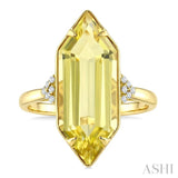 22X8 MM Evoque Gemstones Hexagon Shape Lemon Quartz and 1/20 Ctw Round Cut Diamond Semi-Precious Ring in 14K Yellow Gold