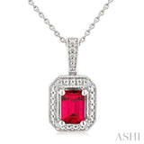 7X5 MM Octagon Shape Lab-Created Ruby and 1/50 Ctw Round Cut Diamond Precious Pendant With Chain in Sterling Silver