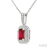 7X5 MM Octagon Shape Lab-Created Ruby and 1/50 Ctw Round Cut Diamond Precious Pendant With Chain in Sterling Silver
