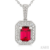 7X5 MM Octagon Shape Lab-Created Ruby and 1/50 Ctw Round Cut Diamond Precious Pendant With Chain in Sterling Silver