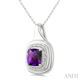 8 MM Cushion Shape Amethyst and 1/20 Ctw Round Cut Diamond Bold Semi-Precious Pendant With Chain in Sterling Silver