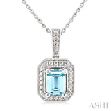 7X5 MM Octagon Shape Aquamarine and 1/50 Ctw Round Cut Diamond Semi-Precious Pendant With Chain in Sterling Silver