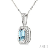 7X5 MM Octagon Shape Aquamarine and 1/50 Ctw Round Cut Diamond Semi-Precious Pendant With Chain in Sterling Silver