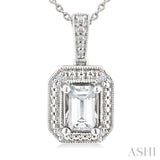 6X4 MM Octagon Shape White Topaz and 1/50 Ctw Round Cut Diamond Semi-Precious Pendant With Chain in Sterling Silver