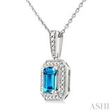 7X5 MM Octagon Shape Blue Topaz and 1/50 Ctw Round Cut Diamond Semi-precious Pendant With Chain in Sterling Silver