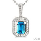 7X5 MM Octagon Shape Blue Topaz and 1/50 Ctw Round Cut Diamond Semi-precious Pendant With Chain in Sterling Silver
