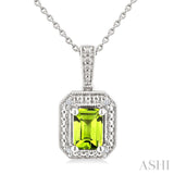 7X5 MM Octagon Shape Peridot and 1/50 Ctw Round Cut Diamond Semi-Precious Pendant With Chain in Sterling Silver