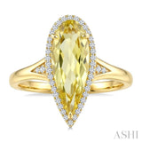 16X6 MM Evoque Gemstones Pear Shape Lemon Quartz and 1/6 Ctw Round Cut Diamond Semi-Precious Ring in 10K Yellow Gold