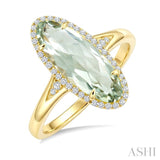 16X6 MM Evoque Gemstone Oval Shape Green Amethyst and 1/6 Ctw Round Cut Diamond Semi-Precious Ring in 10K Yellow Gold