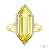22X8 MM Evoque Gemstones Hexagon Shape Lemon Quartz and 1/10 Ctw Round Cut Diamond Semi-Precious Ring in 14K Yellow Gold