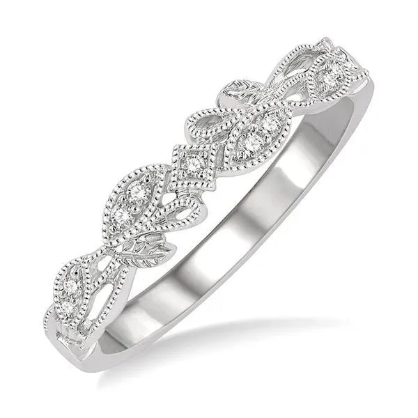 1/20 Ctw Floral Lattice Shank Round Cut Diamond Wedding Band in 14K White Gold