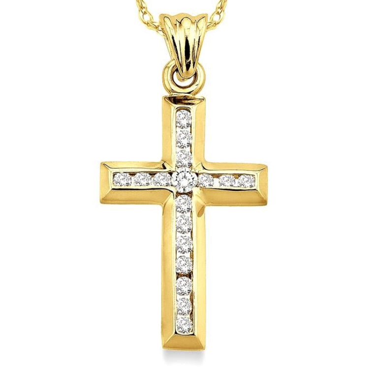 1/4 Ctw Round Cut Diamond Cross Pendant in 14K Yellow Gold with Chain