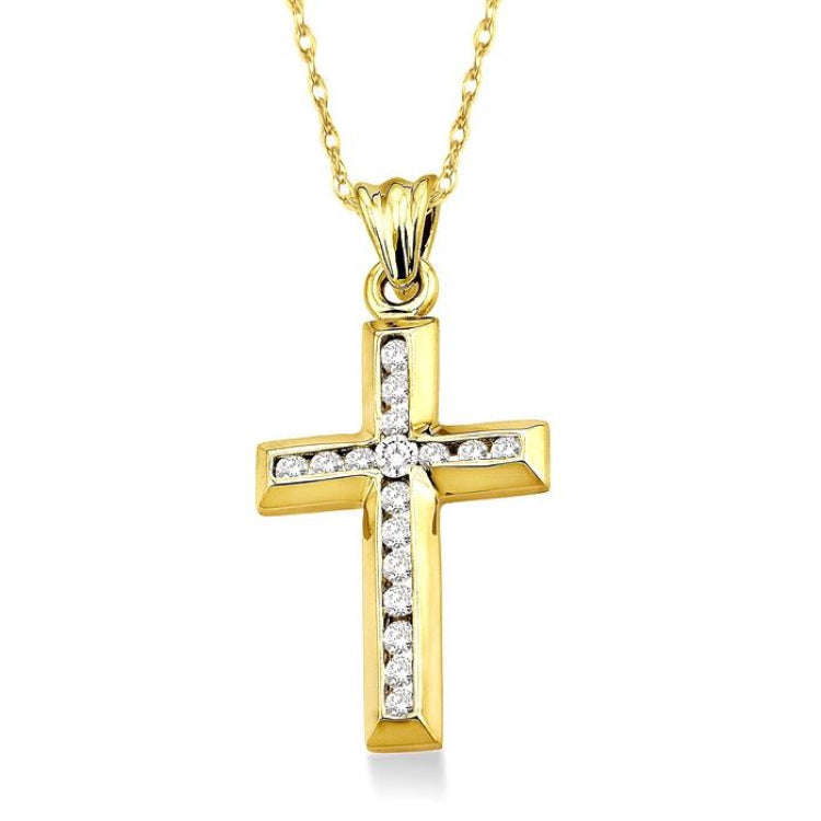 1/4 Ctw Round Cut Diamond Cross Pendant in 10K Yellow Gold with Chain