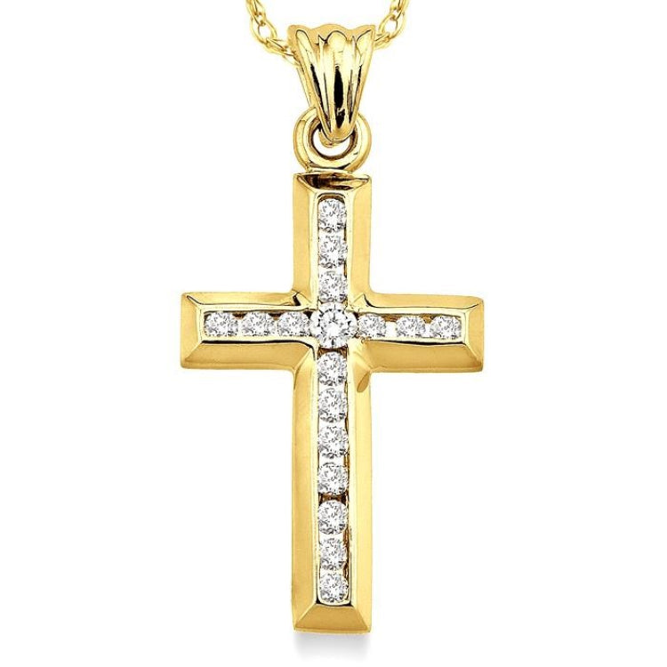 1/4 Ctw Round Cut Diamond Cross Pendant in 10K Yellow Gold with Chain