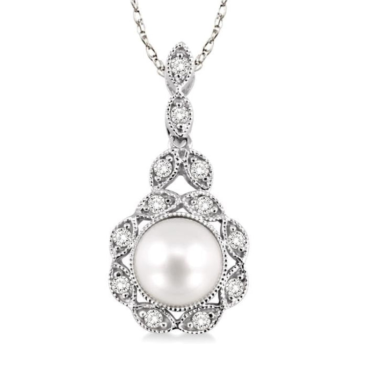 6.5 MM Cultured Pearl and 1/10 Ctw Round Cut Diamond Pendant in 14K White Gold with Chain