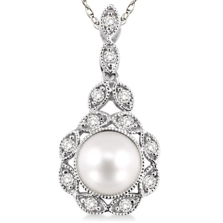 6.5 MM Cultured Pearl and 1/10 Ctw Round Cut Diamond Pendant in 14K White Gold with Chain