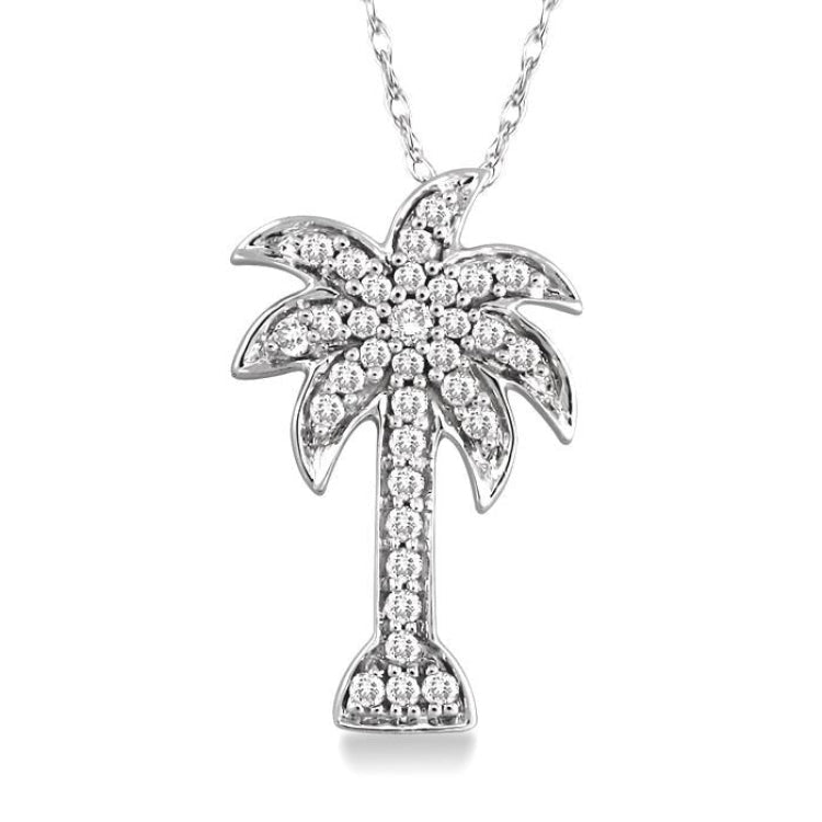1/4 Ctw Palm Tree Round Cut Diamond Pendant in 14K White Gold with Chain
