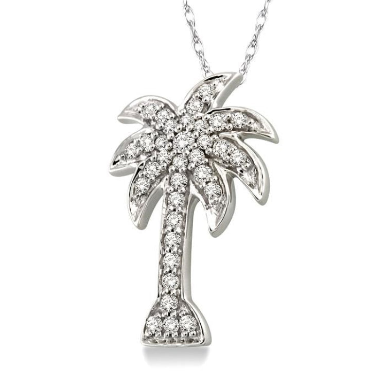 1/4 Ctw Palm Tree Round Cut Diamond Pendant in 14K White Gold with Chain