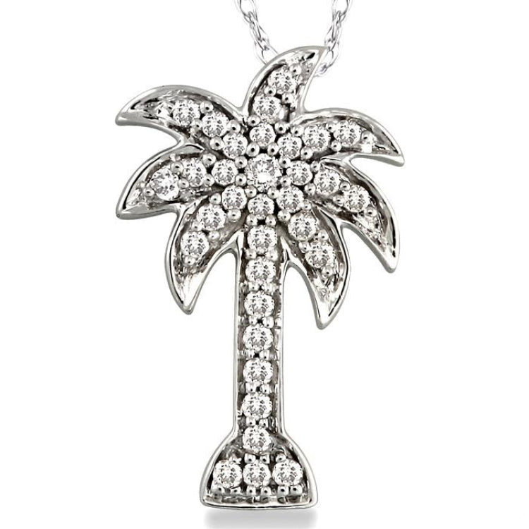 1/4 Ctw Palm Tree Round Cut Diamond Pendant in 14K White Gold with Chain