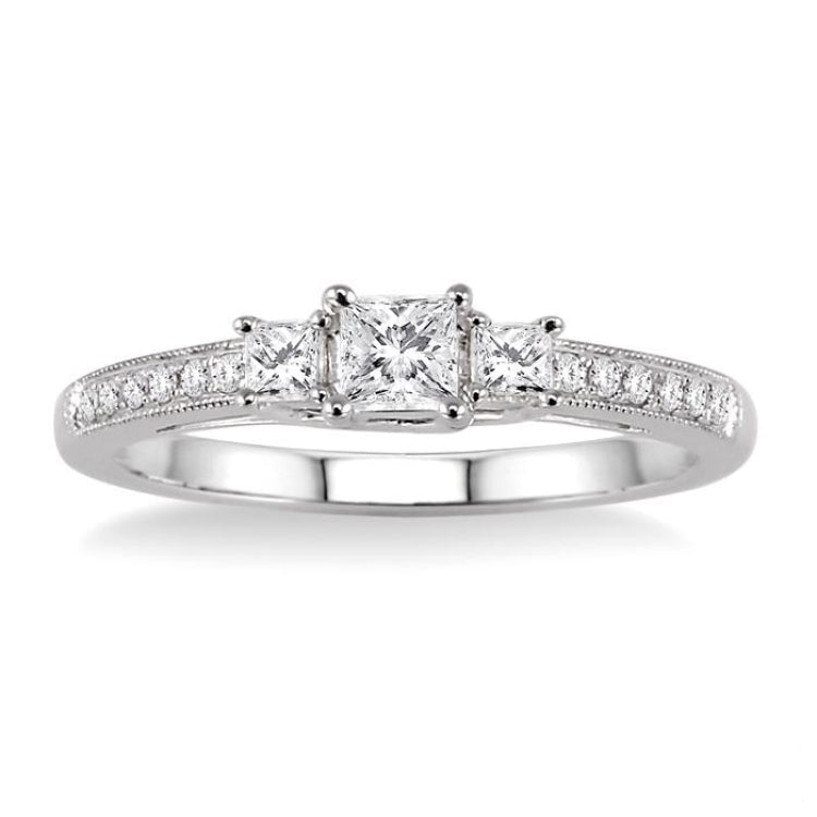 3/8 Ctw Diamond Engagement Ring with 1/5 Ct Princess Cut Center Stone in 14K White Gold