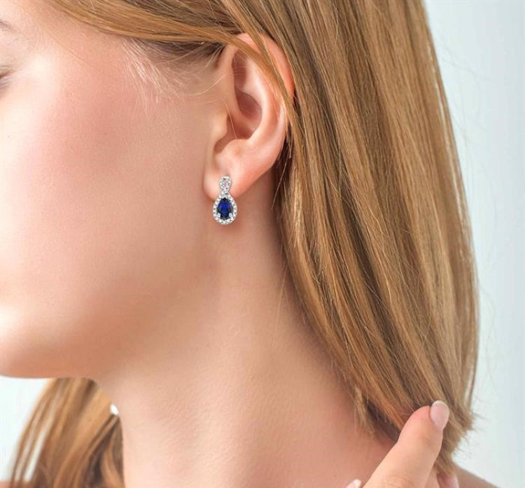 5x3 MM Pear Shape Sapphire and 1/6 Ctw Round Cut Diamond Earrings in 14K White Gold