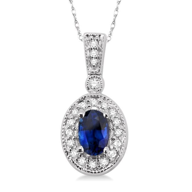 6x4 MM Oval Cut Sapphire and 1/8 Ctw Round Cut Diamond Pendant in 14K White Gold with Chain