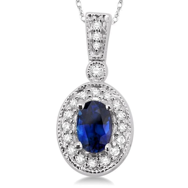 6x4 MM Oval Cut Sapphire and 1/8 Ctw Round Cut Diamond Pendant in 14K White Gold with Chain
