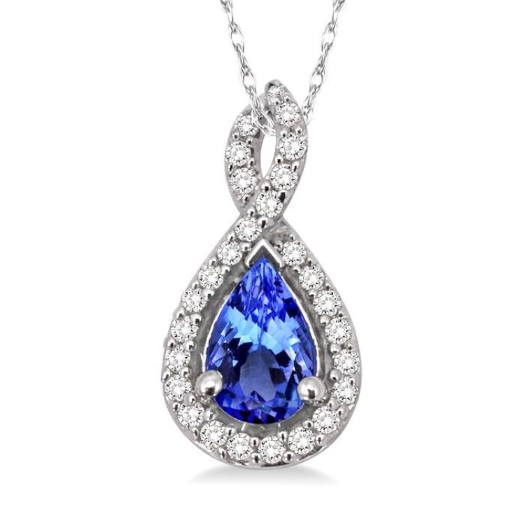 6x4 MM Pear Shape Tanzanite and 1/10 Ctw Round Cut Diamond Pendant in 14K White Gold with Chain