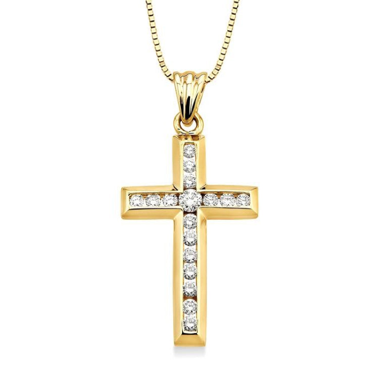 1/2 Ctw Round Cut Diamond Cross Pendant in 14K Yellow Gold with Chain