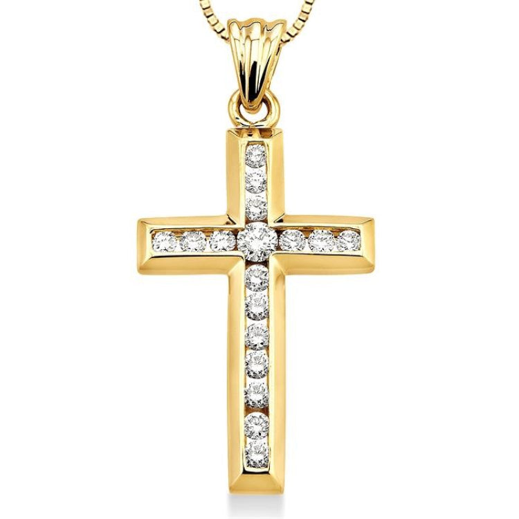 1/2 Ctw Round Cut Diamond Cross Pendant in 14K Yellow Gold with Chain