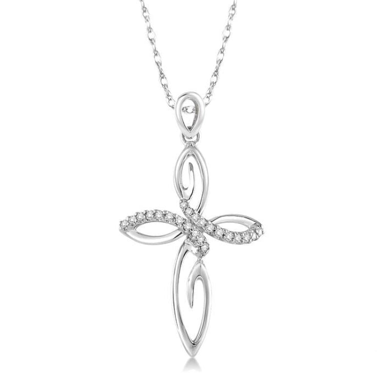 1/10 Ctw Round Cut Diamond Cross Pendant in 14K White Gold With Chain
