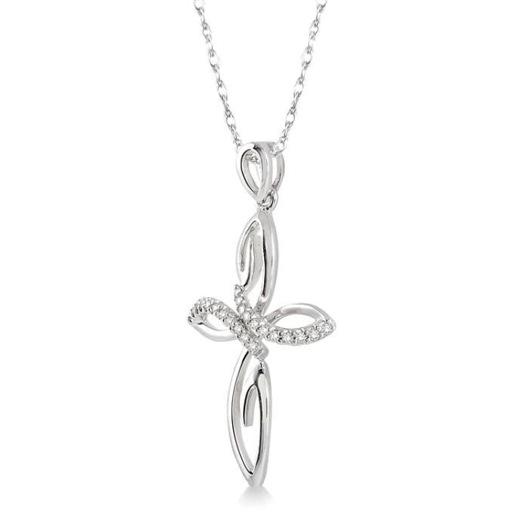 1/10 Ctw Round Cut Diamond Cross Pendant in 14K White Gold With Chain